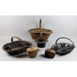 A Small Collection of baskets, including a violet or posy sellers basket, 7ins high, a black painted