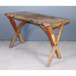 A 19th Century Fruitwood Rectangular Tavern Table, with two plank top on X-pattern end supports,