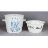 A White Glazed Pottery "Pure Country Milk" Two-Handled Pail and a "New Milk" Pail, Early 20th