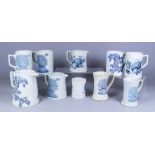Five Staffordshire Blue and White Pottery Tankards, a Matching Jug, and Four Other Tankards, Late