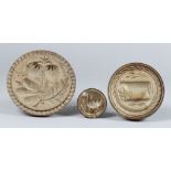 Three Carved Wood Butter Stamps, Victorian, carved with two strawberries and leaves, 4.75ins