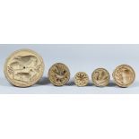 Five Carved Wood Butter Stamps, Victorian, carved with a crow and duck, 3.675ins diameter, an