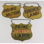 Three Brass Shield Shaped Meat Labels, Early 20th Century, all engraved and with traces of