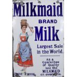 An Enamel Rectangular Advertising Sign, Early 20th Century, "Milkmaid Brand Milk", by Chromo of