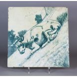 A Minton Green and White Pottery Butchers Tile, Late 19th Century, painted with a bull, 12ins