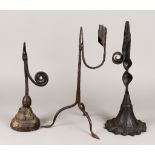 A Wrought Iron Rushlight Holder with Candle Socket, Late 18th Century, with twisted central column