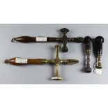 Two Brass Three Headed Pastry Jiggers and Prickers and Two Pastry Stamps, 19th Century, the