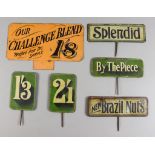 Fifteen Printed Tin Grocer and Butcher Shop Spike Tags, including "Splendid", 2.25ins, with spike