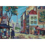 20th Century School - Oil painting - Parisian street scene with the Eiffel Tower in the distance,