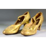 A Pair of 1920's Ladies Gilt Finished Leather Shoes, with embroidered floral decoration to front