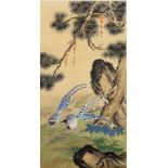 Chinese School - Oil painting in watercolours - two exotic birds in landscape beneath pine tree,