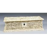 A Chinese Cantonese Ivory Rectangular Box, 19th Century, carved with figures within a pavilioned