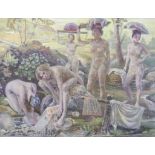 20th Century School - Oil painting - Landscape with seated nude figures washing their clothes in a
