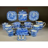 A Copeland Spode Harlequin Blue and White Pottery Part Breakfast, Tea and Coffee Service, transfer