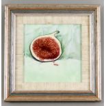 ***Barry Kirk (born 1933) - Oil painting - "Sliced Fig" - Half a fig lying on cream cloth, initialed