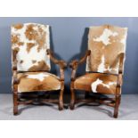 A Pair of 19th Century Italian Walnut Framed High Back Open Armchairs, the backs with shaped
