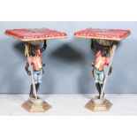 A Pair of 20th Century Italian Painted, Silvered and Gilded Square Topped "Blackamoor" Tables,