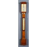 A Late Victorian Oak Cased Stick Barometer and Thermometer, the ivorine scales with twin