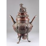 A Japanese Brown Patinated Bronze Two-Handled Censer and Cover, with Lion Dog Finial, 20th