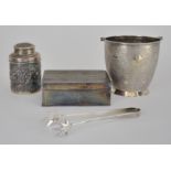 A Near Eastern Silvery Metal Circular Ice Bucket, a Cylindrical Box and Cover, and a Cigarette