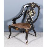 A Victorian Papier Mache Low Nursing Chair, with shaped crest rail and splat, inlaid with mother-
