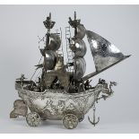 A Good Late 19th Century Continental Silver Nef - "Neptun" - Two-masted sailing ship in full sail