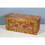 Two African Hardwood and Brass Mounted Plank Coffers, the tops inlaid with pierced brass ornament,