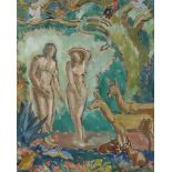 Jen Julien (1888-1974) - Oil painting - "Esquisse pour Adam et Eve" - Two figures in garden scene,