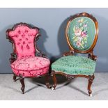 A Victorian Rosewood Framed Nursing Chair, the shaped and moulded frame with oval bead and floral