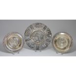 A Dutch Silvery Metal Circular Embossed Dish, and mixed silverware, the Dutch dish pierced and