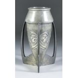 After Archibald Knox (1864-1933) - Pewter "Tudric" three-handled bomb pattern vase cast with