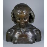 20th Century English School - Dark green/brown patinated bronze bust of a young woman looking