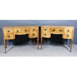 A Pair of 1930's Walnut Bow Front Side Tables, with quartered veneered tops, each fitted five