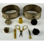 A Lady's Small Gilt Metal Etui, comprising - a thimble, bodkin, scissors and needle case, and a