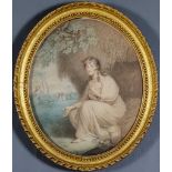 Late 18th Century English School - Coloured mezzotint - Young lady sitting in a rural landscape,