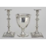 A Pair of George V Silver Pillar Candlesticks, and a George V Silver Goblet, the candlesticks, by