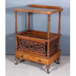 A Victorian Figured Walnut Rectangular Canterbury Whatnot, the three-division Canterbury with