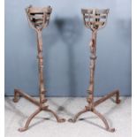 A Pair of 17th/18th Century Wrought Iron Cresset Top Andirons, the fronts each with a hook and three