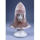 A Plaster Bust of a Medieval King wearing Crown over Helmet and Chainmail, 20th Century, on turned