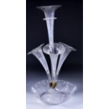A Clear Glass Four Division Epergne, Late 19th Century, with central trumpet and three smaller