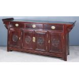A Chinese Hardwood Sideboard of Altar Form, Mid 20th Century, the flush panelled top with scroll