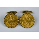 A Pair of 9ct Gold Cufflinks, each set with George V 1913 Sovereigns, gross weight 23.6g