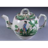 A Staffordshire Salt Glazed Teapot and Cover, circa 1765, enamelled in colours with a figure and