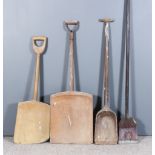 Two Old Wooden Malt Shovels, with slightly curved heads, and two other wooden shovels with metal