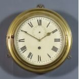 An Early 20th Century Brass Cased Bulkhead Timepiece, the 8ins diameter painted metal dial with