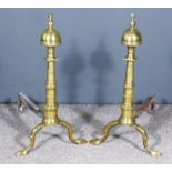A Pair of Victorian Polished Brass Andirons in the 17th Century Manner, with bold upturned cup
