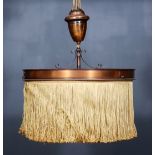 An Oxidised Metal Circular "Rise and Fall" Electric Light, Early 20th Century, with fringed shade,