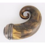 A Victorian Silvery Metal Mounted Horn Snuff Mull, the domed lid inset with agate stone, the rim