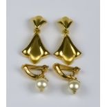 Two Pairs of 14ct Gold Earrings, Modern, clip fitting, one pair set with cultured pearls, total