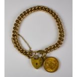 A 9ct Gold Charm Bracelet with Padlock Clasp, Modern, suspended with George V 1914 Half Sovereign in